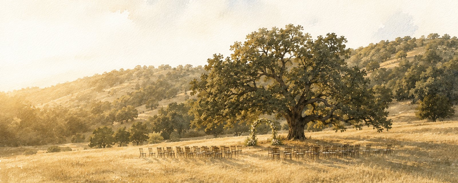 Watercolour of a great oak in a golden meadow, a flower arch beneath it and rows of empty wooden chairs facing it