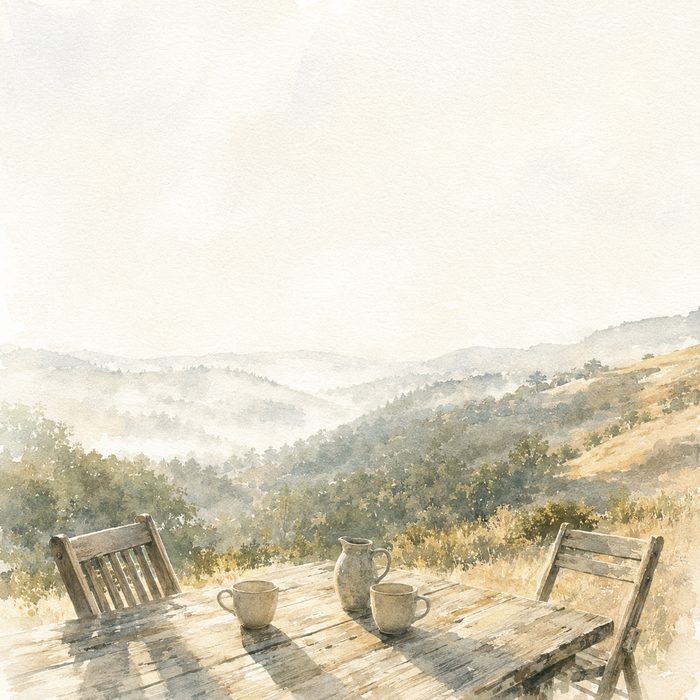 Watercolour of a table with two coffee cups looking out over misty hills
