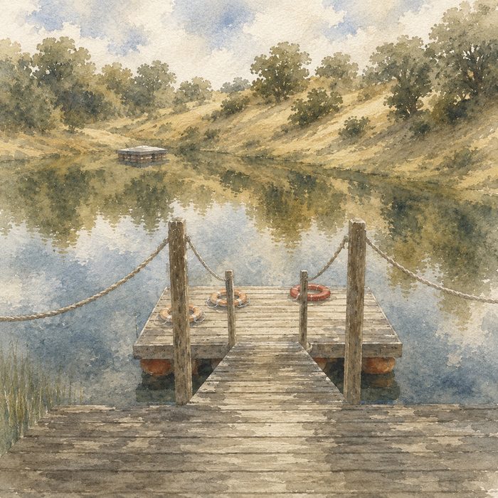 Watercolour of a wooden jetty reaching out over a still pond