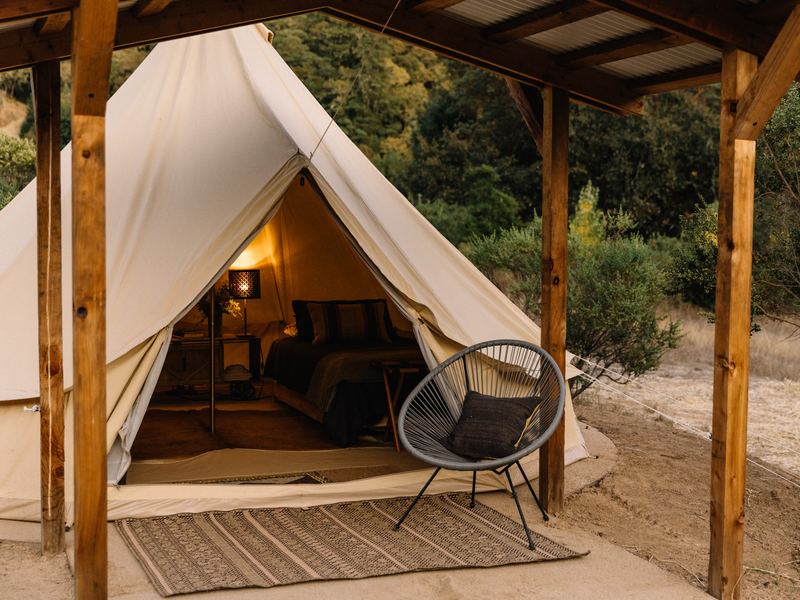 A bell tent under a timber shelter, bed visible inside, oak hillside beyond