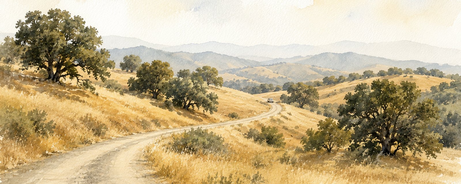 Watercolour of a country road winding through golden oak-studded hills